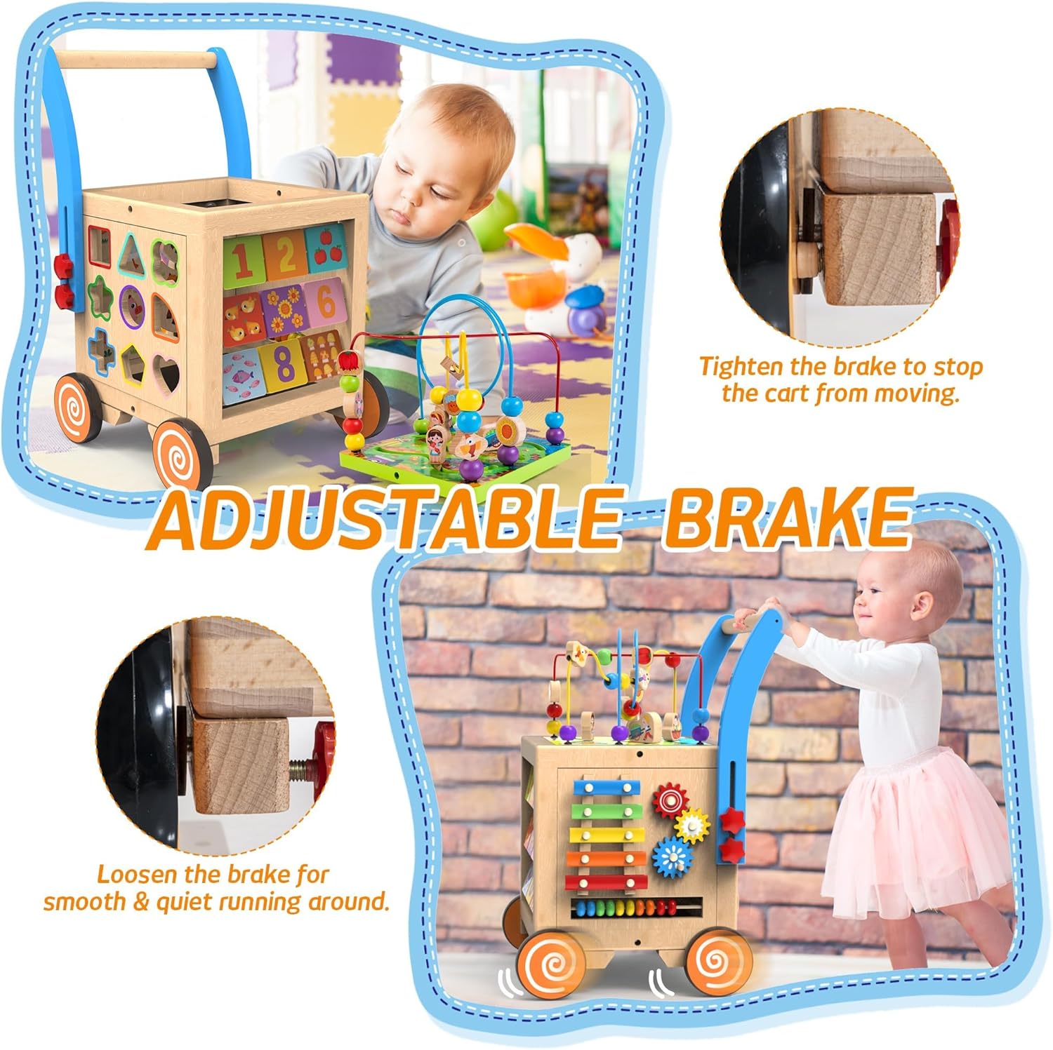 Andador de madera para bebés  Cubo de actividades de madera 9 en 1, centro de actividades de aprendizaje sentado a pie, juguetes educativos