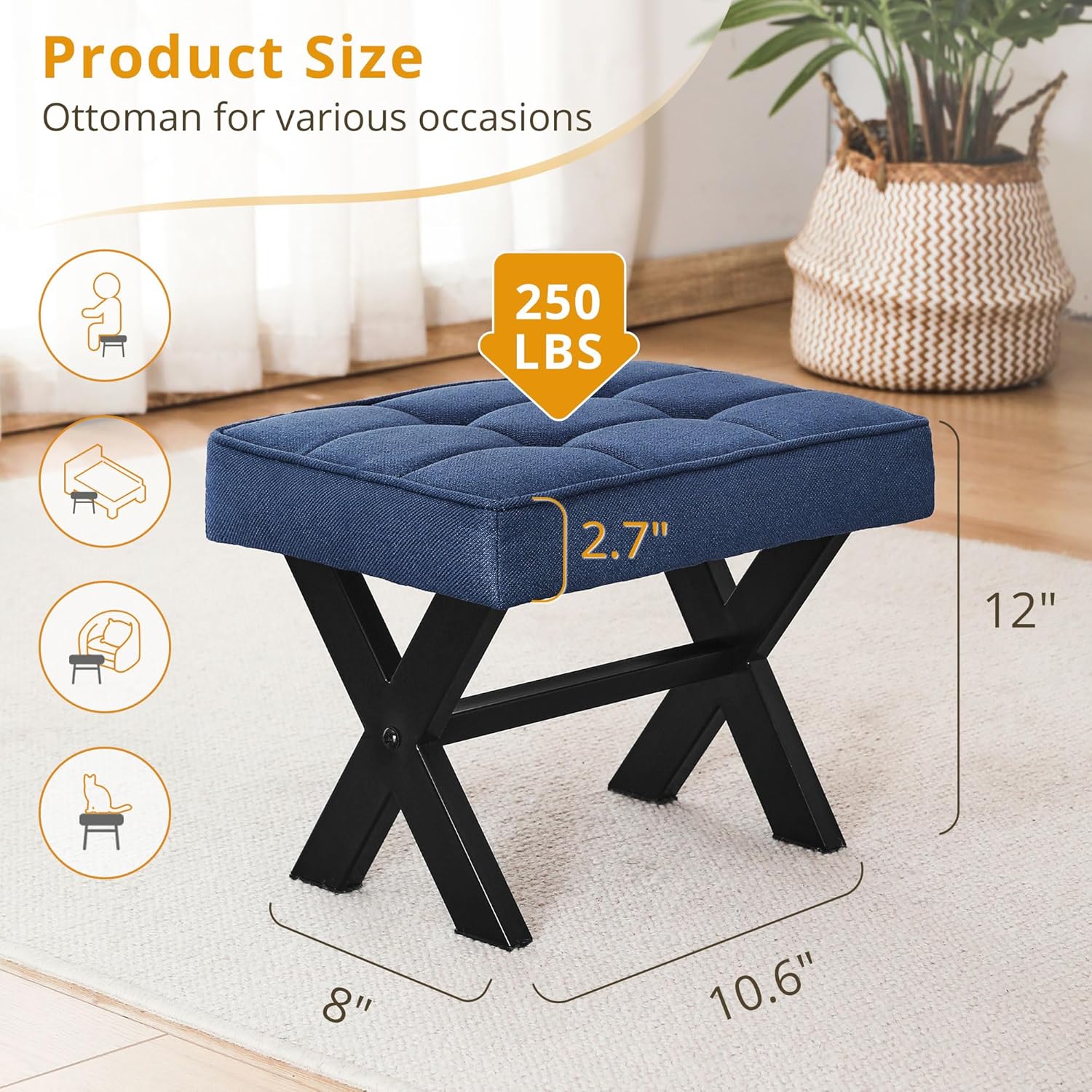 LUE BONA Taburete para pies, taburetes pequeños de 12 pulgadas de alto, reposapiés de tela resistente con patas en X de metal, reposapiés acolchado,