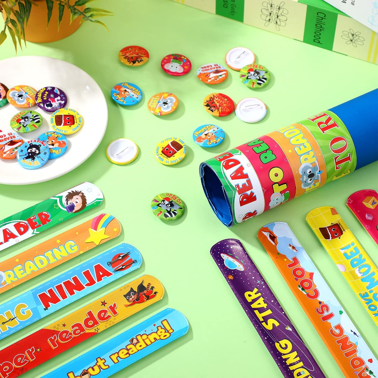 Frienda 60 pulseras con botones y pines para lectura, insignias para el aula, recompensas para profesores, premios, regalos de fiesta de escuela