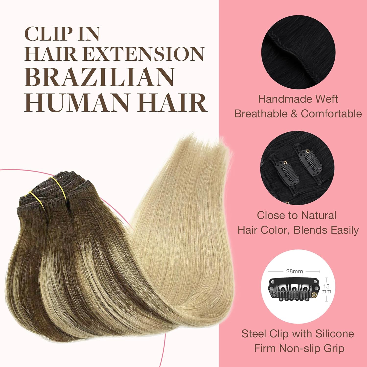 GOO GOO – Extensiones de cabello humano con clip en balayage de color castaño chocolate a rubio sucio de 16 pulgadas, 7 piezas de 4.23oz,