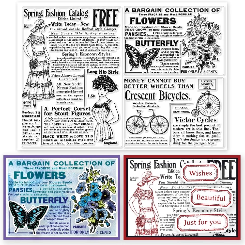 GLOBLELAND Fondo de texto de periódico vintage, sellos transparentes transparentes retro para dama, mariposa, estampado de mariposas, sellos