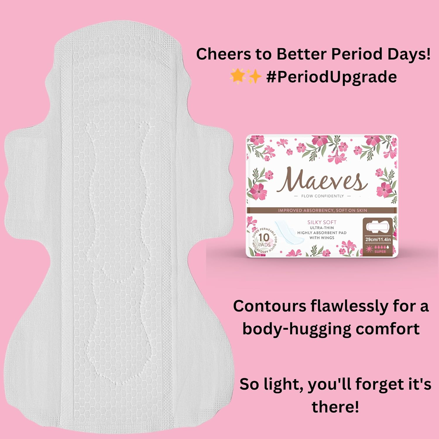 Maeves Almohadillas ultra delgadas, sin perfume, para el cuidado femenino, gran absorción, largas, grandes, súper almohadillas para período,