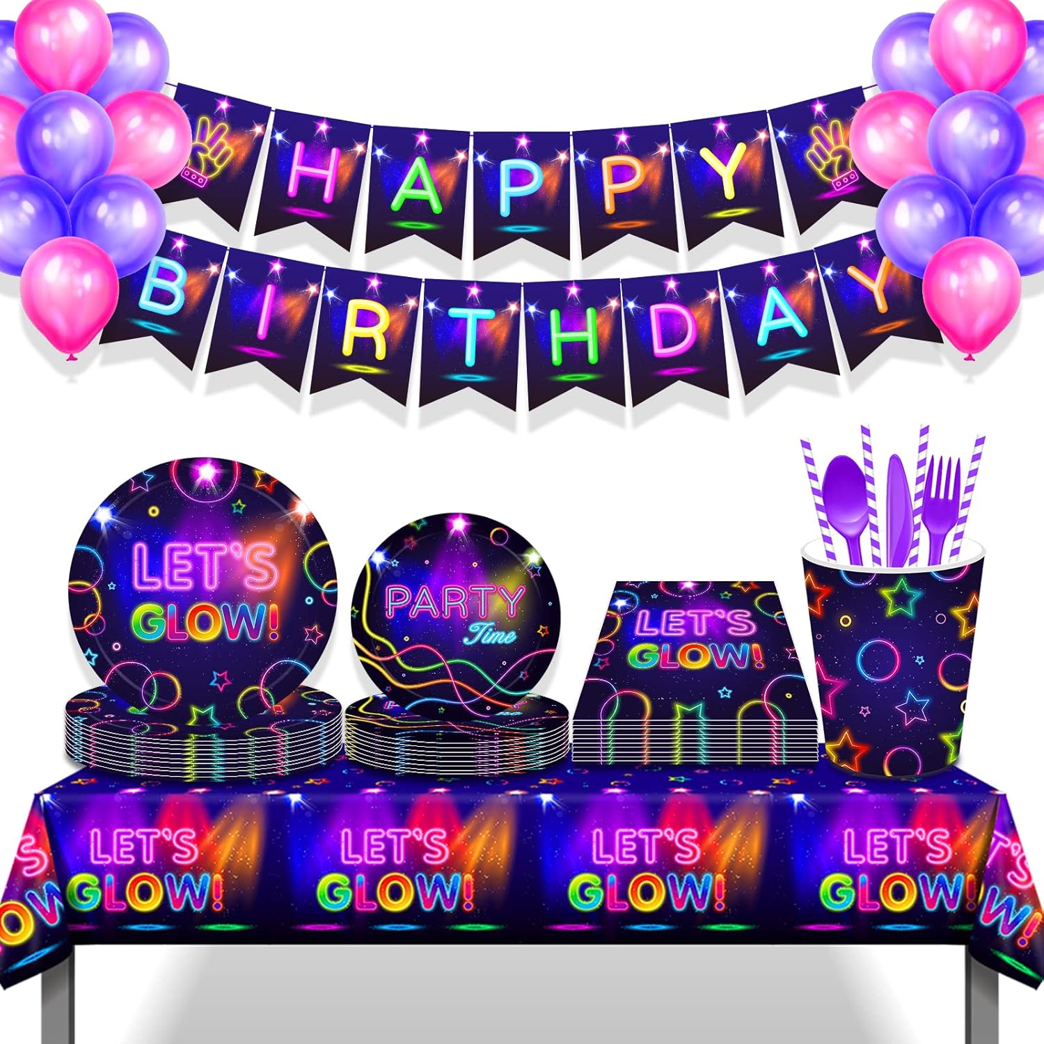 Glow – Juego de vajilla para fiesta de cumpleaños sirve para 24 platos de papel desechables que brillan en la oscuridad de 7 pulgadas, platos de