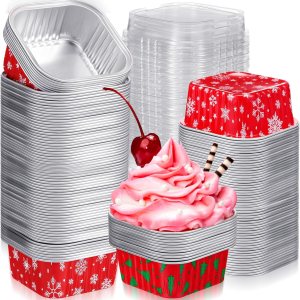 Suttmin 200 tazas de papel de aluminio de Navidad para hornear cupcakes, tazas de postre de 5 onzas con tapas, contenedores cuadrados desechables de Suttmin 200 tazas de papel de aluminio de Navidad para hornear cupcakes, tazas de postre de 5 onzas con tapas, contenedores cuadrados desechables de
