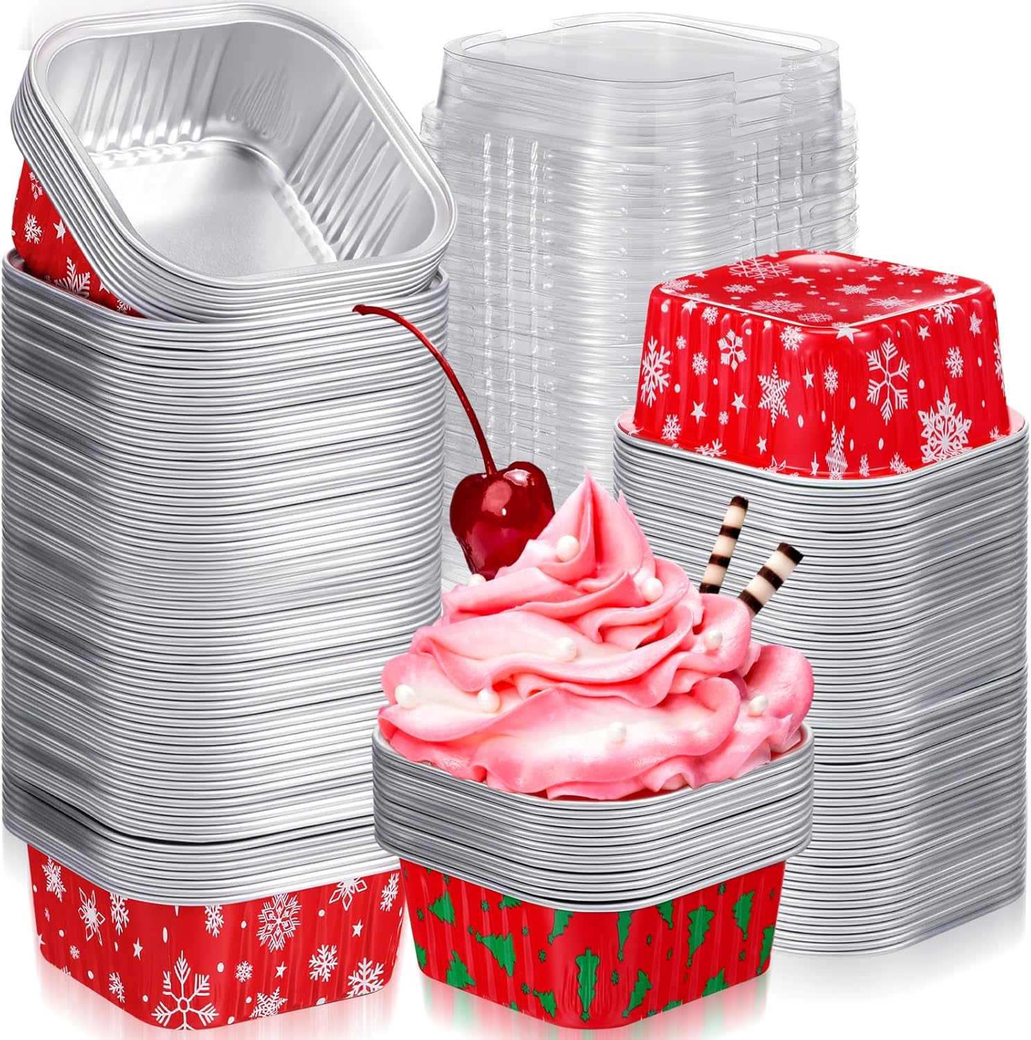 Suttmin 200 tazas de papel de aluminio de Navidad para hornear cupcakes, tazas de postre de 5 onzas con tapas, contenedores cuadrados desechables de
