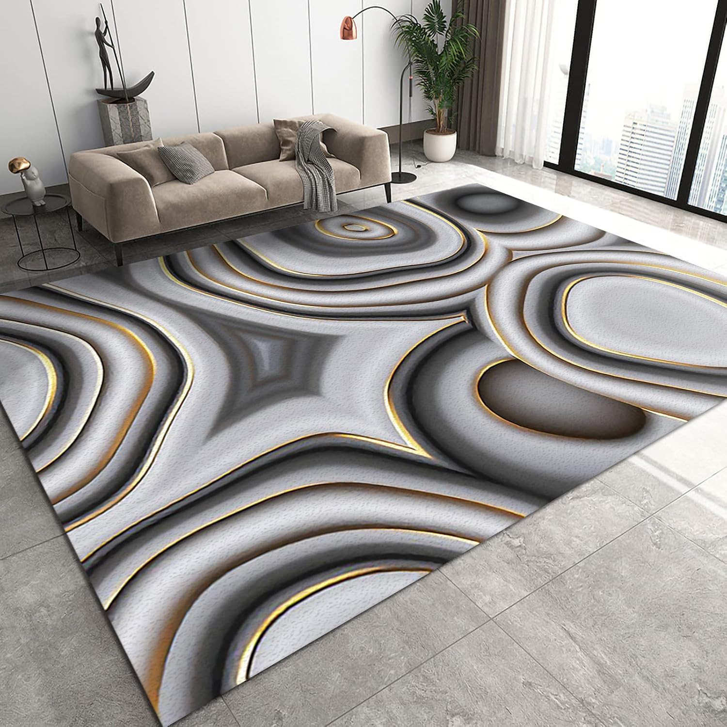 Alfombra abstracta con diseño de remolinos de mármol gris, con círculos irregulares dorados en blanco y negro, antideslizante, lavable a máquina,