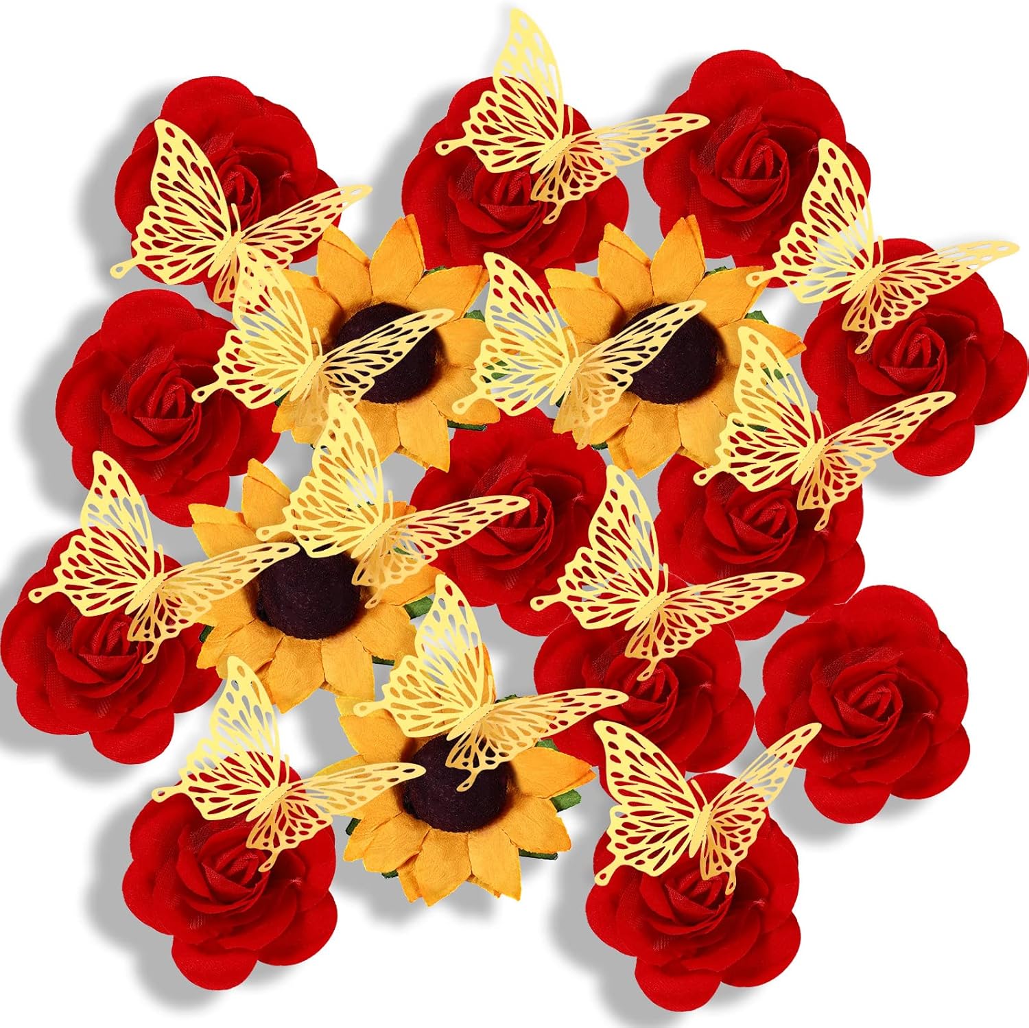 30 calcomanías florales de rosas con parte trasera plana adhesivas, rosas amarillas, cabezas de girasol 3D, calcomanías de mariposa 3D para