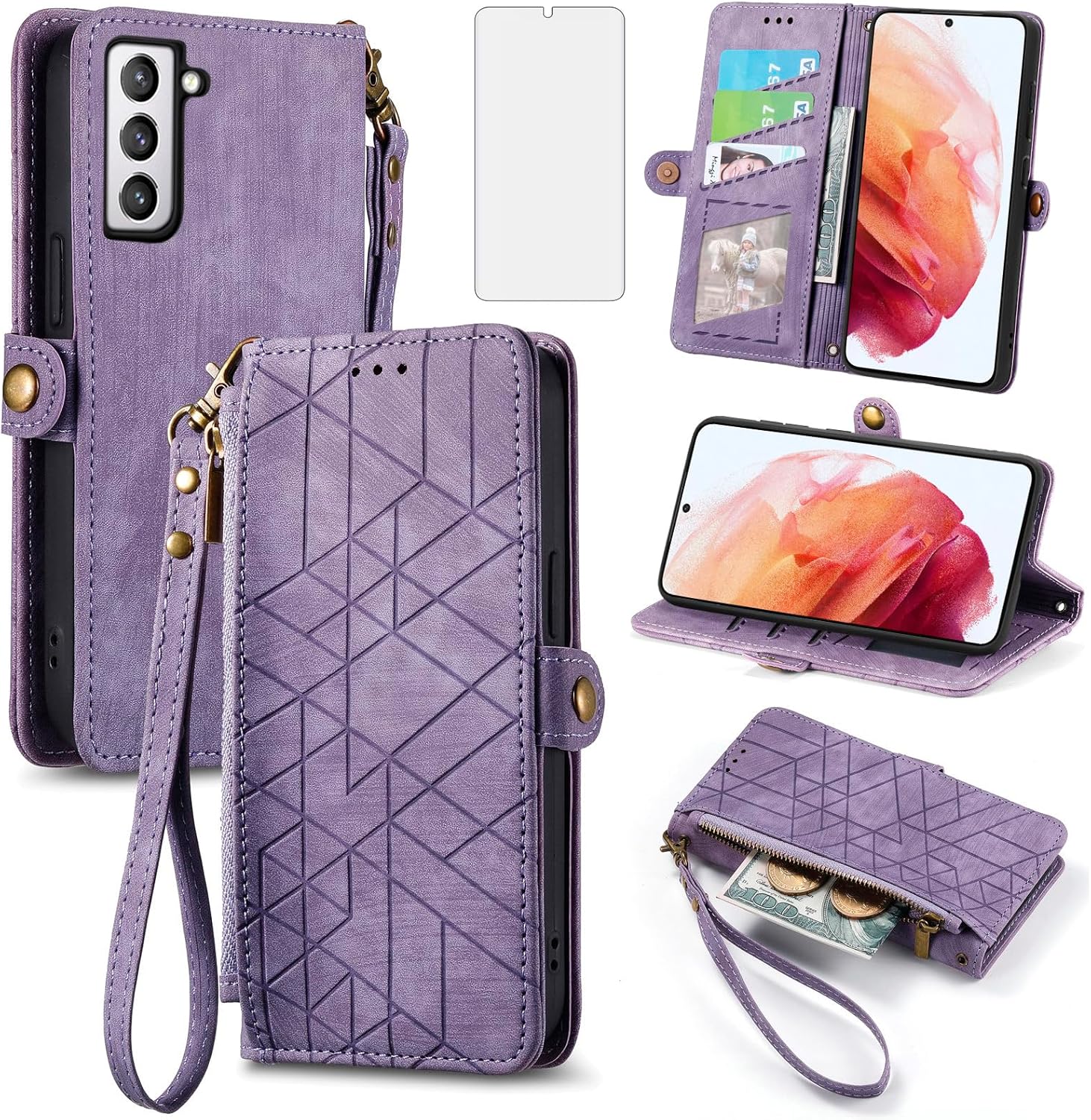Asuwish Funda de teléfono para Samsung Galaxy S21 Plus S21+ 5G Funda tipo cartera con protector de pantalla de vidrio templado y cremallera