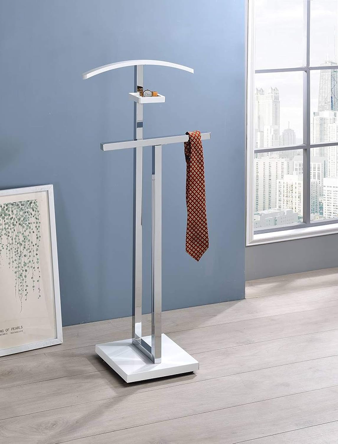 Kings Brand Furniture – Vaccaro Soporte de metal y madera para traje, perchero, blancocromo