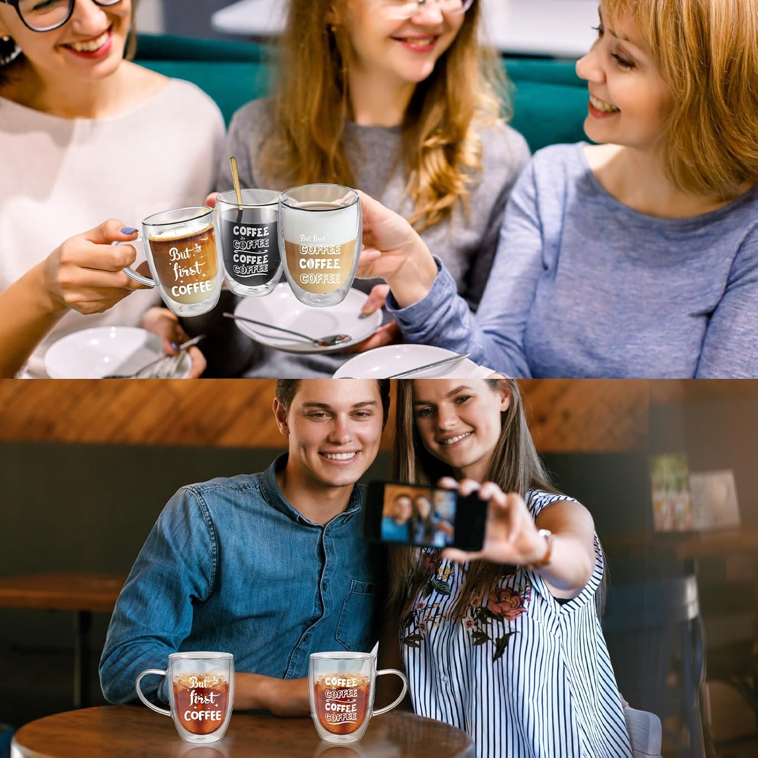 Yaomiao Paquete de 4 tazas de café transparentes con cuchara de 12 onzas, vasos aislados de doble pared con asa, resistentes al calor, té, vino,