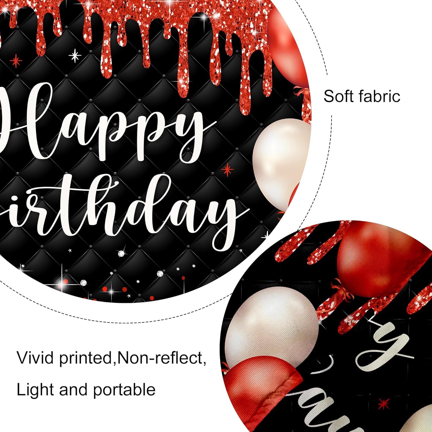 Cartel de feliz cumpleaños rojo y negro para mujeres y niñas, 7 pulgadas de ancho x 5 de alto, fotografía moderna de lujo con puntos de purpurina,