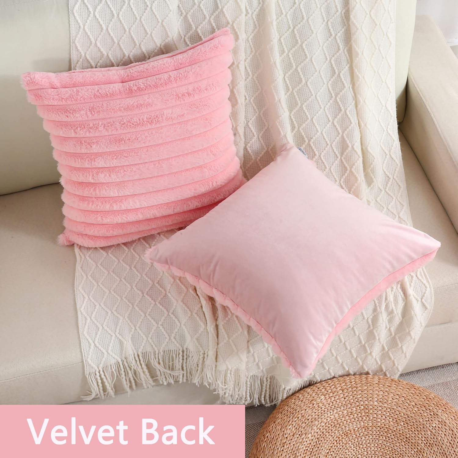 FUTEI – Juego de 2 fundas de almohada decorativas con rayas de color rosado, 24 x 24 pulgadas, cuadradas y primaverales, piel sintética de conejo