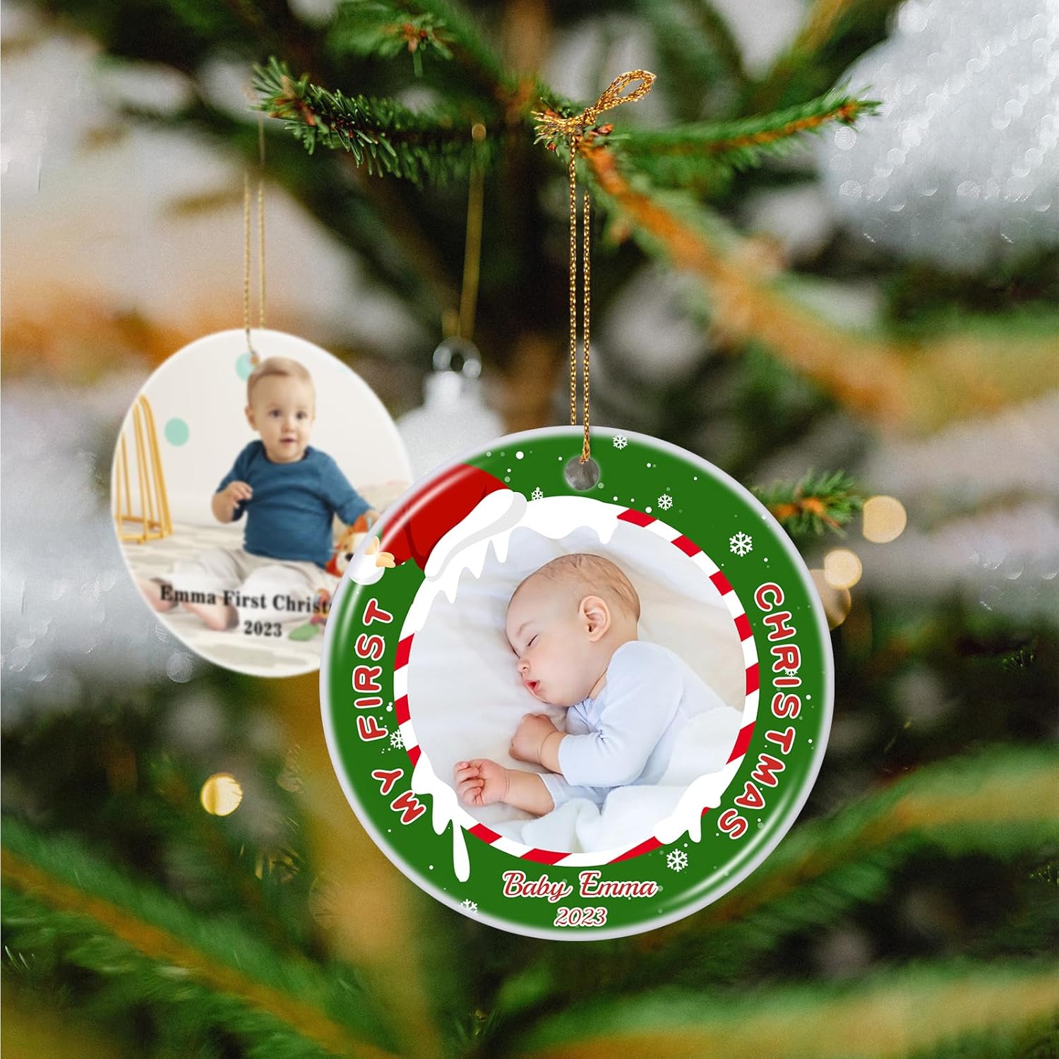 Adorno redondo personalizado para la primera Navidad del bebé con foto y mensaje, decoración personalizada para árbol de Navidad, regalos de