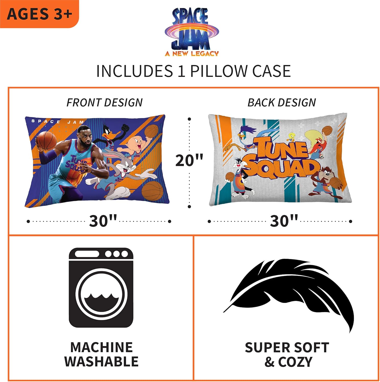 Franco Funda de almohada reversible de microfibra súper suave, 20 x 30 pulgadas, Space Jam 2 A New Legacy