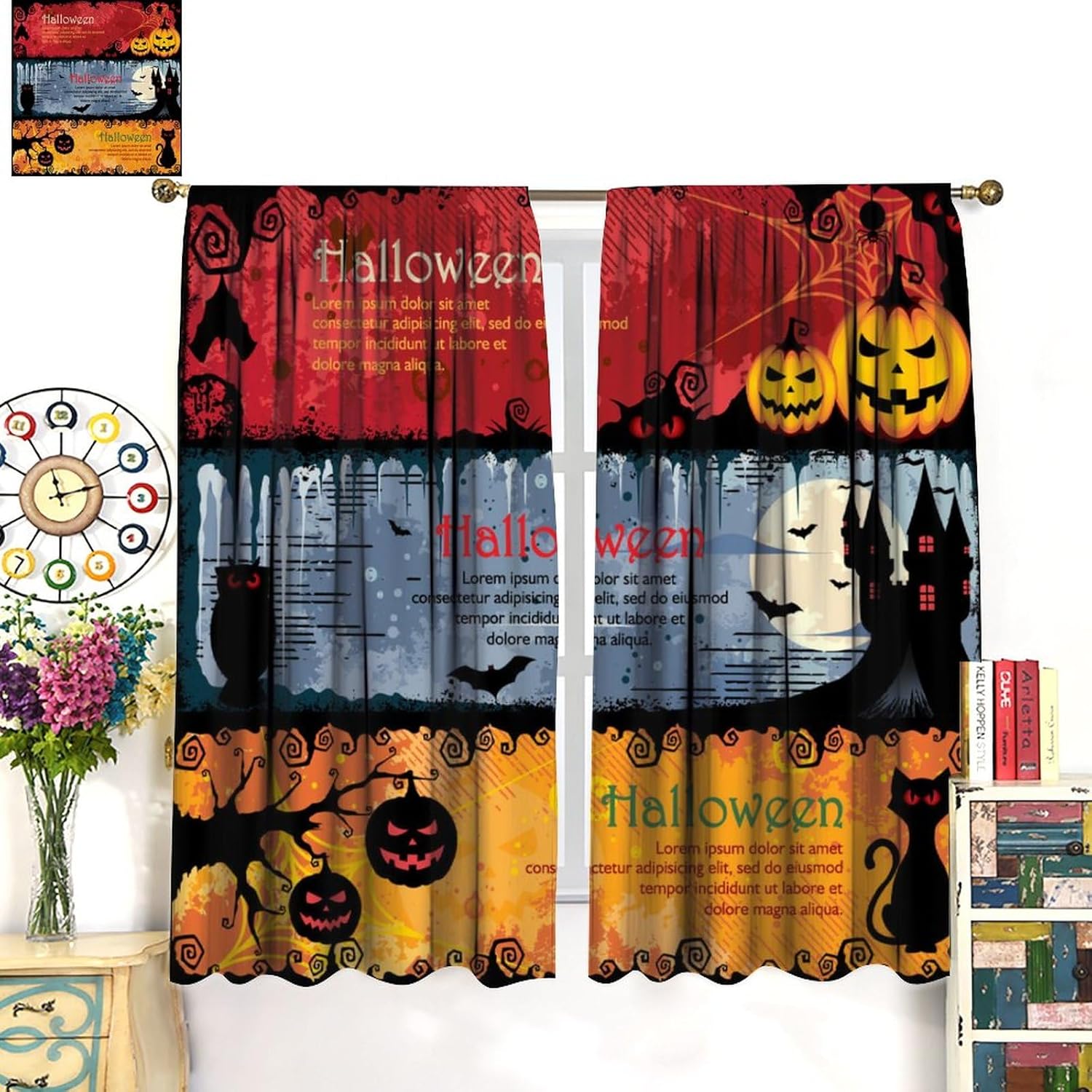 Cortinas de Halloween de terror, caricatura, gato, calabaza, murciélago, castillo, patrón de Halloween, cortinas impresas para decoración del hogar,