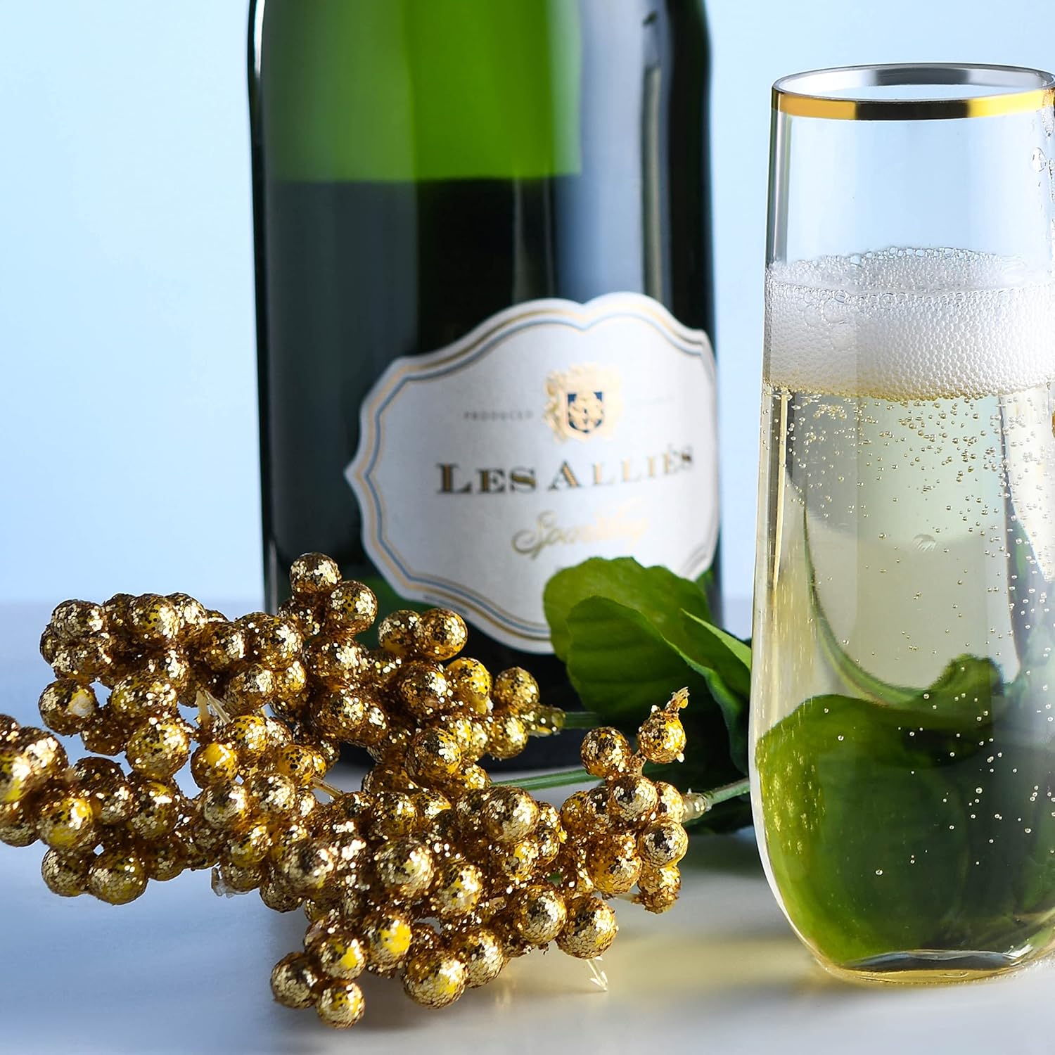 Paquete de 36 copas de champán de plástico sin tallo, vidrio transparente de 9 onzas con elegante borde dorado, vasos desechables para vino,