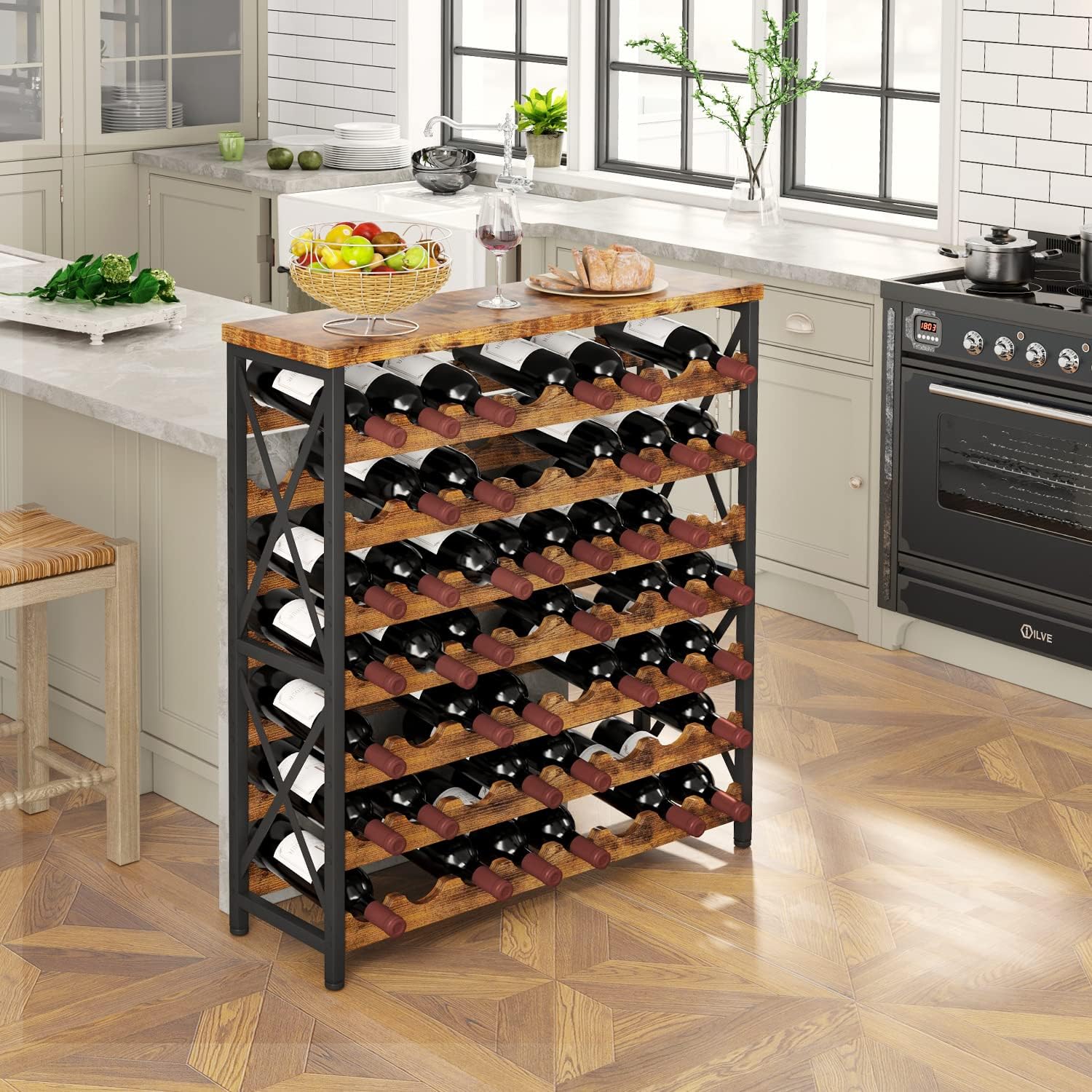 Homeiju Estante de vino independiente para 56 botellas, estante de almacenamiento de madera para vino, estante apilable para botellas de vino con