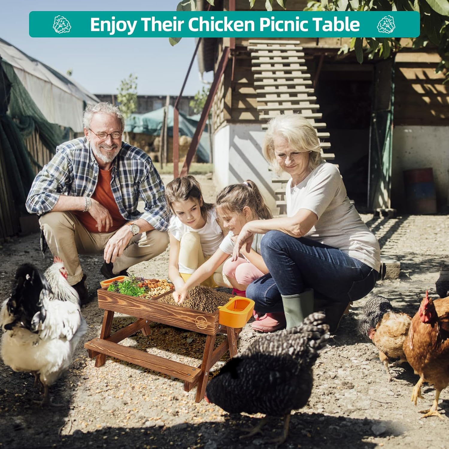 Mesa de picnic de pollo, comedero de pollo sin desperdicios hecho a mano de madera carbonizada, kit grande de comedero de pollo para bricolaje,