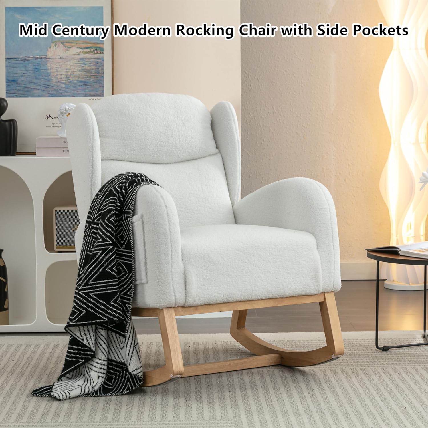 Setawix Silla mecedora de peluche para guardería, silla mecedora tapizada para sala de estar, sillón con respaldo de sherpa de ocio, silla mecedora