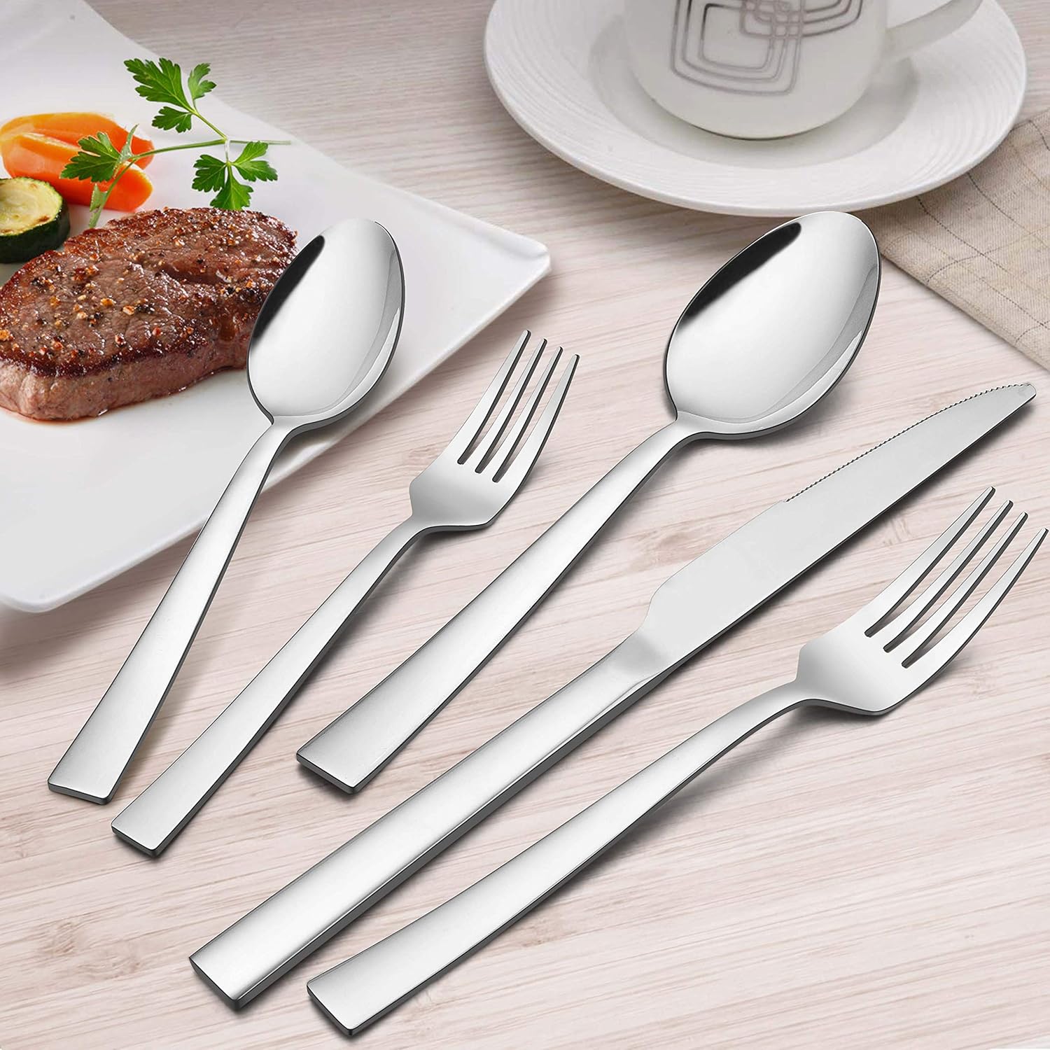 Homikit Juego de cubiertos de 60 piezas de cubiertos cuadrados de acero inoxidable para 12, utensilios de comida, incluye cuchillo, cuchara y