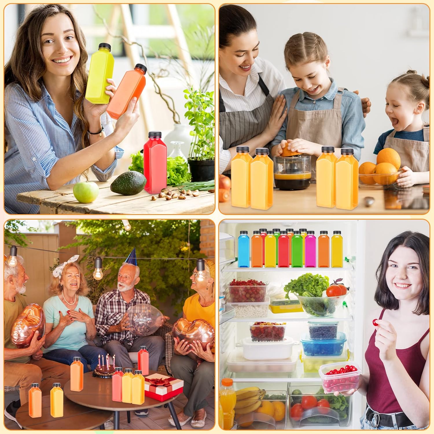 200 botellas de plástico con tapas, botellas cuadradas transparentes para jugos, recipientes para bebidas, reutilizables, botellas vacías para