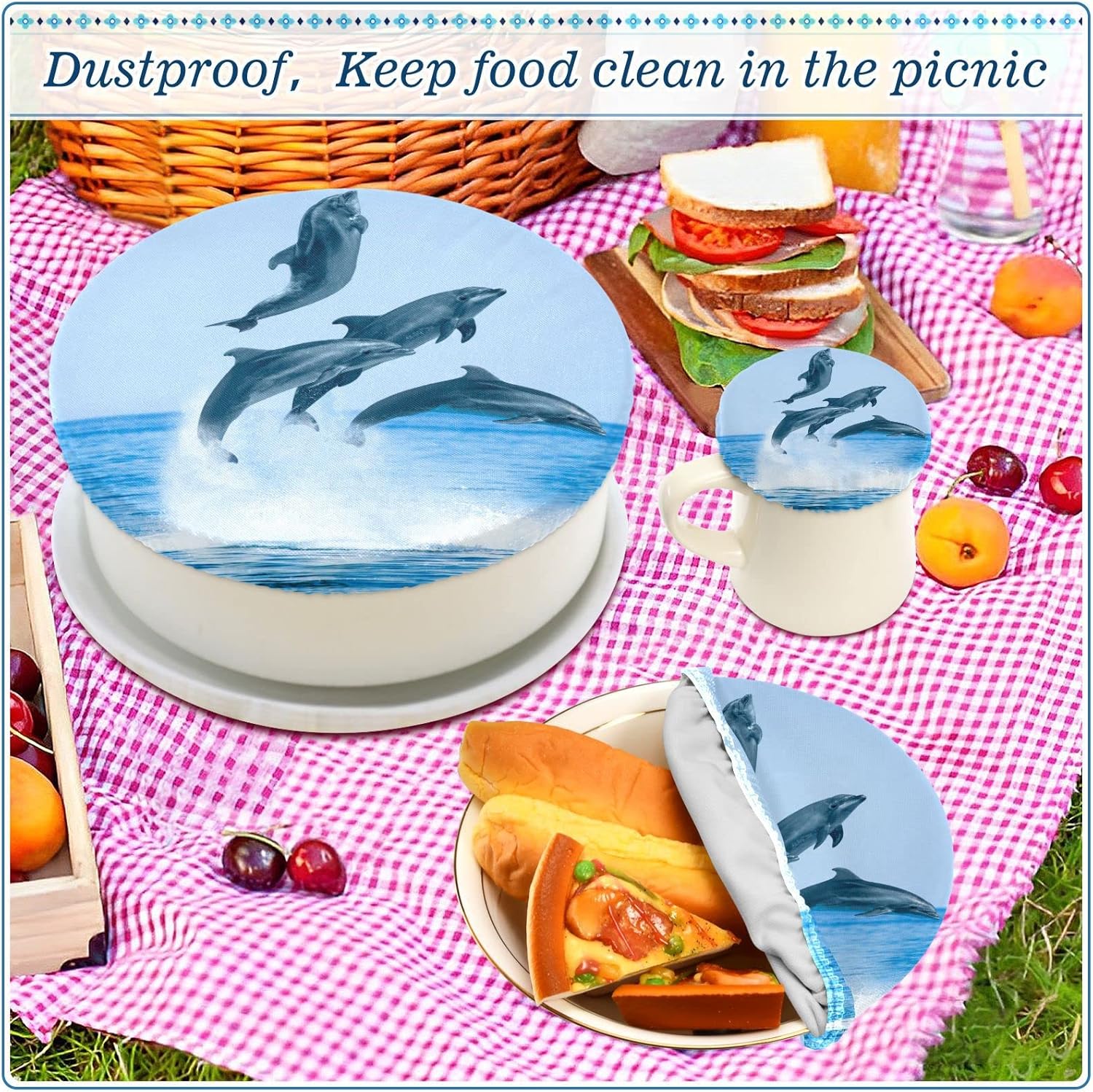 Sea Dolphins – 5 tapas elásticas de tela reutilizables para tazones, tazas, platos, ollas y sartenes
