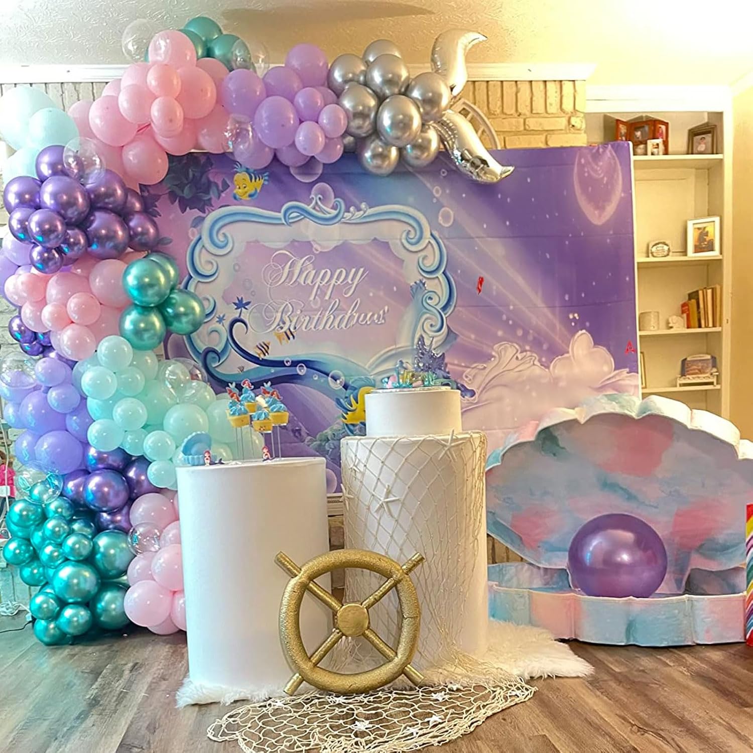 Globos de sirena, 60 paquetes de decoraciones de fiesta de cumpleaños con temática de sirena de 12 pulgadas con globos metálicos rosados, morados y