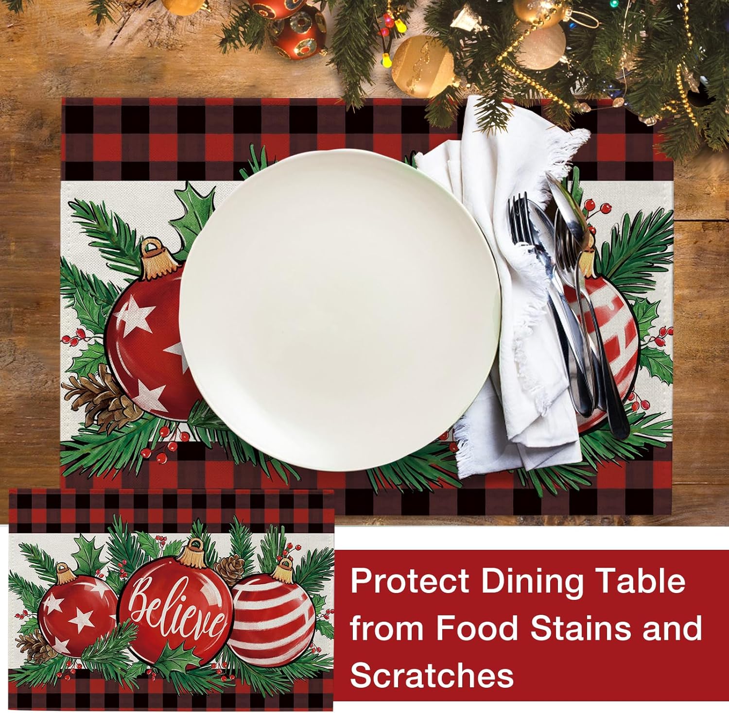 Seliem Juego de 4 manteles individuales con adornos de bola de Navidad, rojo y negro, búfalo a cuadros Believe, para mesa de comedor, conos de pino