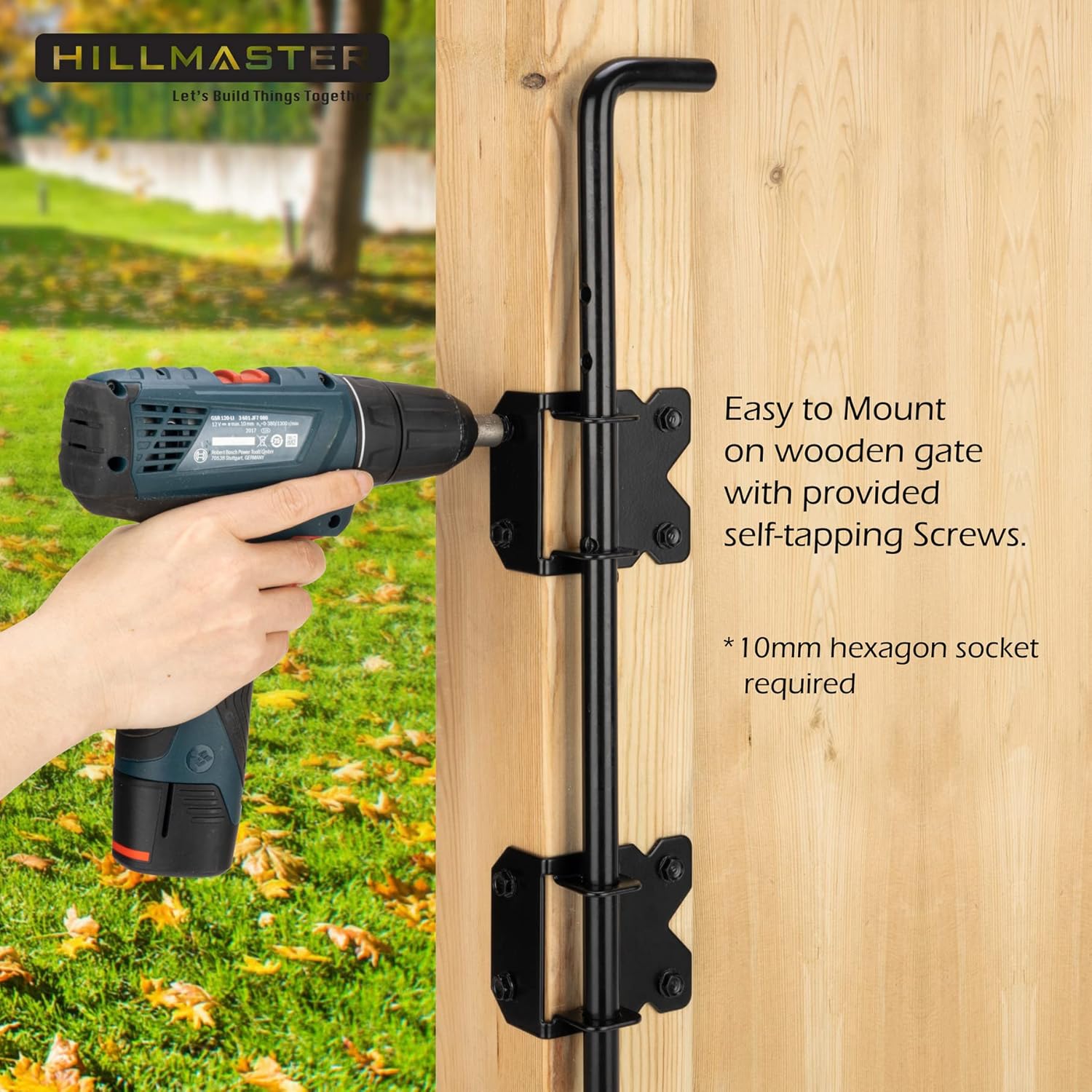 HILLMASTER Barra de caída de 18 pulgadas para valla de madera, pernos de acero para perno de caña para puertas de madera, acabado negro