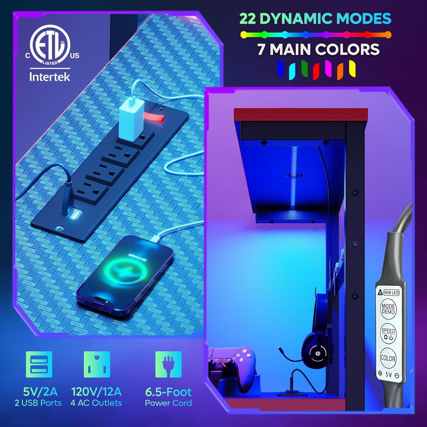 Bestier Escritorio para juegos con tomas de corriente, escritorio LED de 44 pulgadas con estantes reversibles de 4 niveles, mesa de juegos de PC con