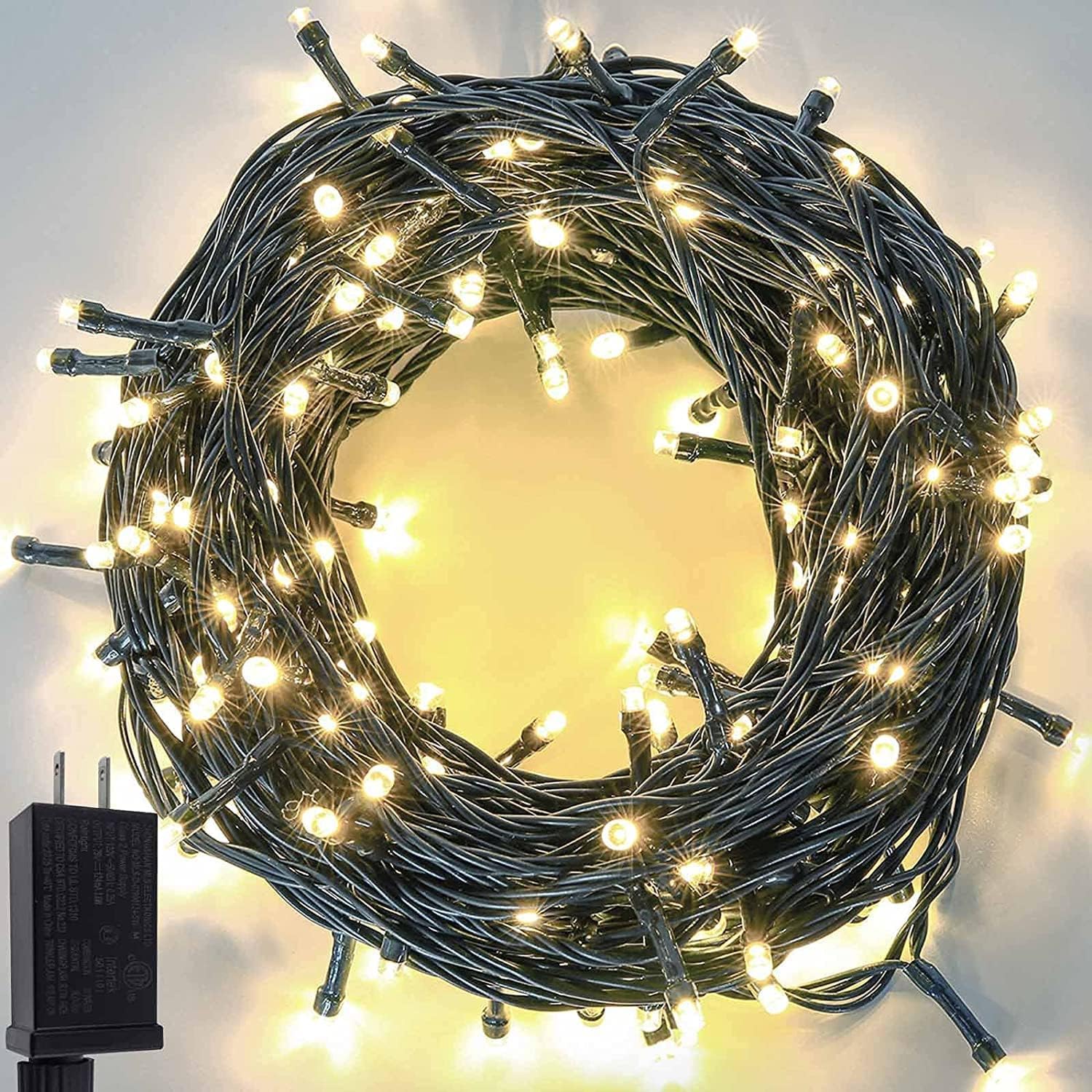 Guirnalda de 100 luces LED de Navidad de 33 pies para interiores y exteriores, función de memoria y temporizador y 8 modos, certificado UL,