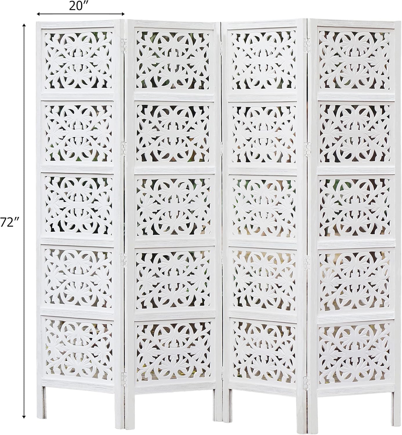 Rania – Partición de madera para separar habitaciones, color blanco antiguo, 4 paneles plegables de 72 x 80 pulgadas, intrincada tallada a mano,