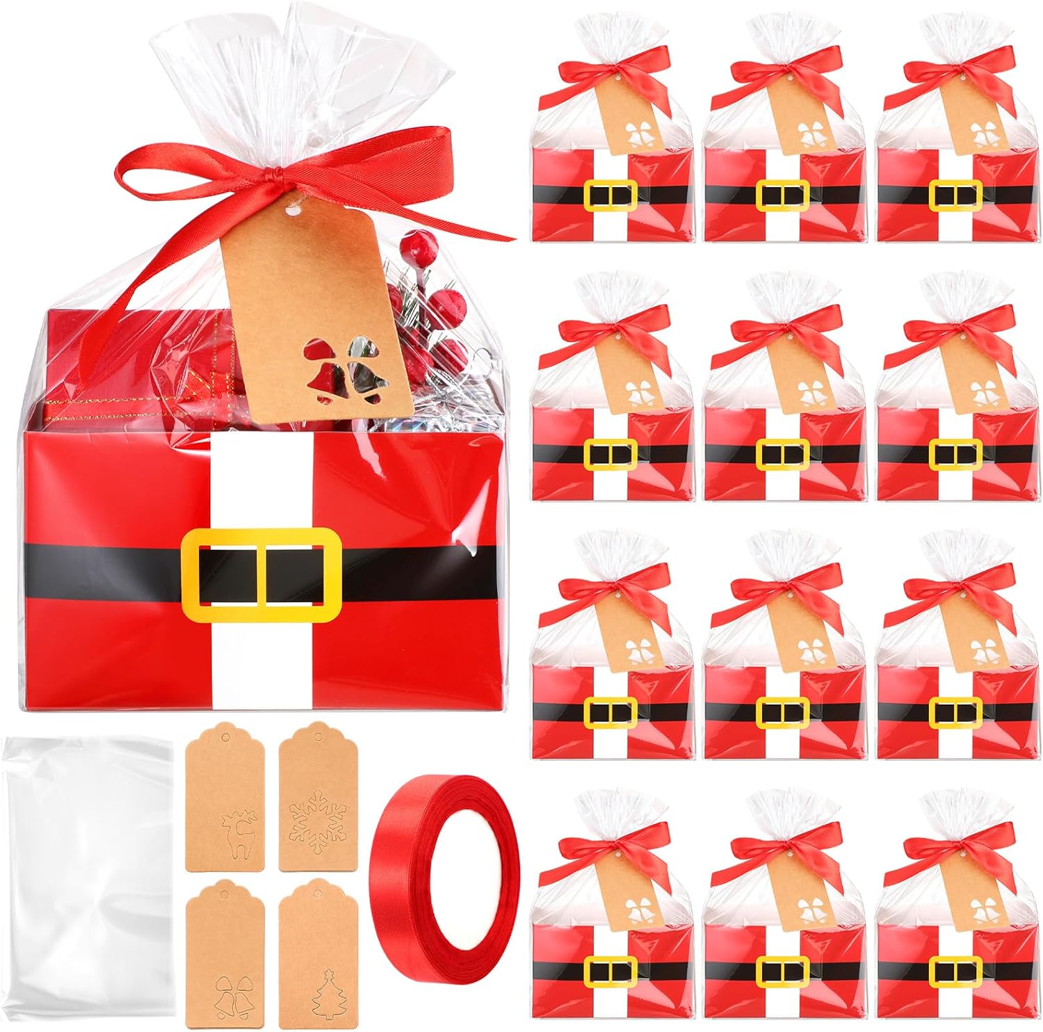 Fuutreo 30 cestas vacías de regalo de Papá Noel con cesta de celofán, bolsas de cintas, etiquetas de regalo de Navidad, cesta de regalo vacía a
