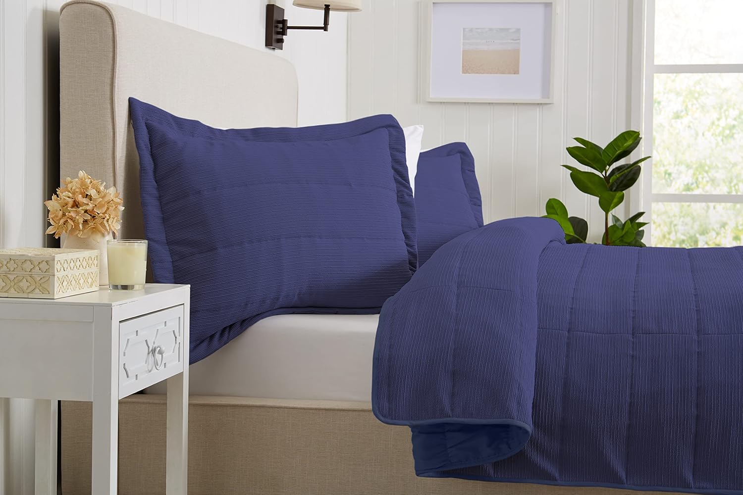 Great Bay Home – Edredón tamaño matrimonialqueen, azul marino, de elastano, de 3 piezas con 2 fundas, colchas modernas, acogedoras y para todas las