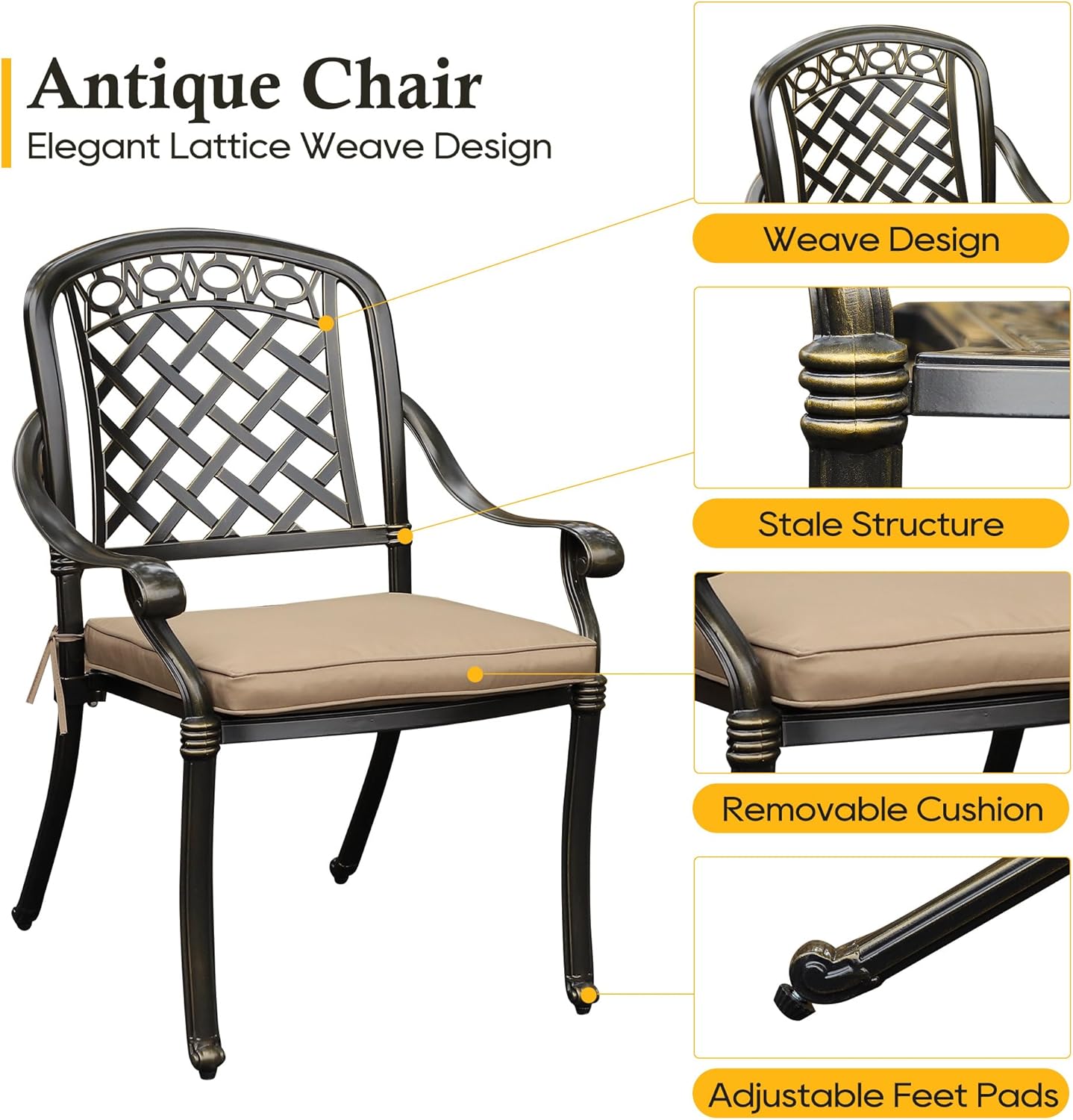 Juego de 2 sillas de comedor de aluminio fundido para patio, para todo tipo de clima, con reposabrazos y cojín, sillas de comedor apilables para