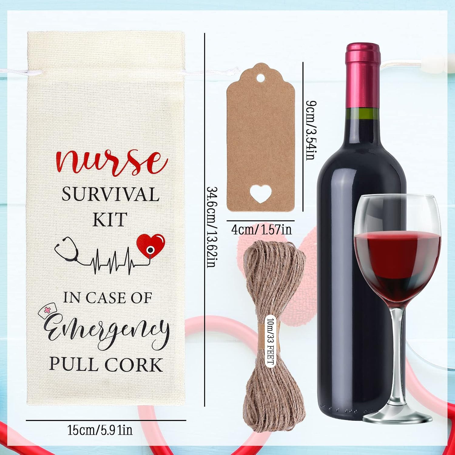 Whaline Bolsas de regalo de vino con cordón de arpillera, bolsas de envoltura de vino, kit de supervivencia para enfermeras, bolsa de vino con