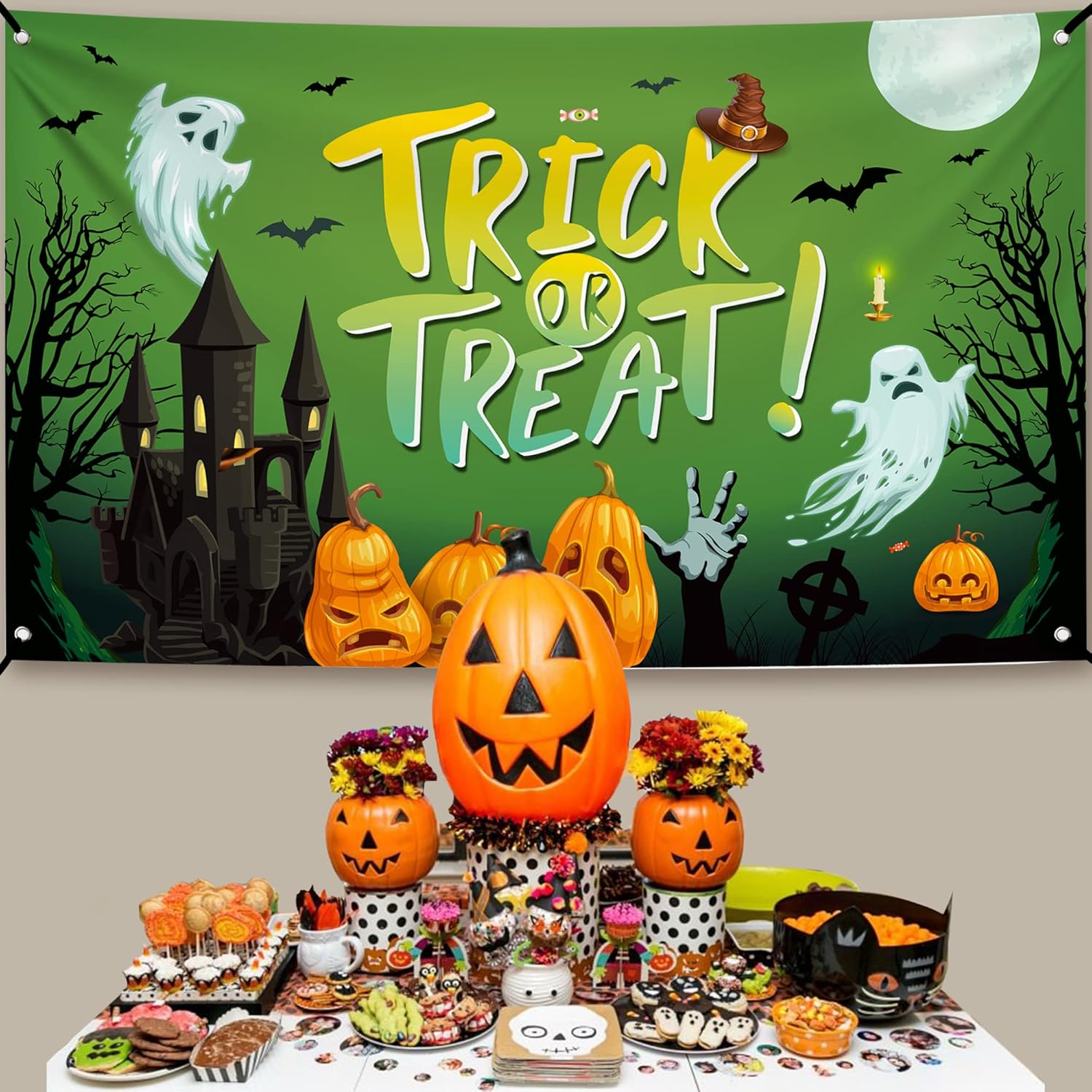 Fondo extragrande de Halloween para fotografía de 72 x 44 pulgadas, 2 piezas, pancarta naranja de feliz Halloween, cartel de truco o trato,