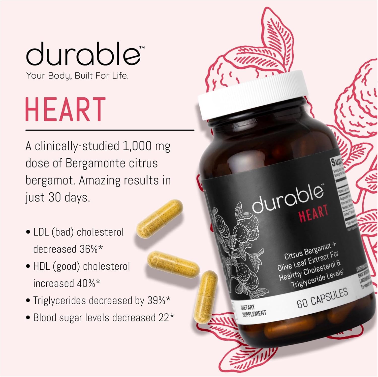 Durable Heart 1,000 mg Extracto de Bergamonte Citrus Bergamonte y hoja de olivo extra fuerte + vitamina C sin OMG, suplementos naturales para el