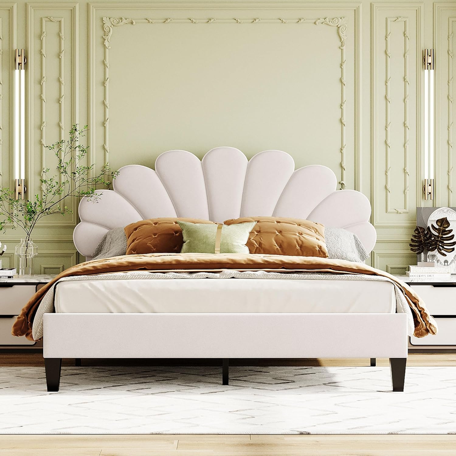 Merax Cama de plataforma tapizada tamaño Queen con marco de madera con patrón de flores cabecera de terciopelo para dormitorio, niños, niñas y