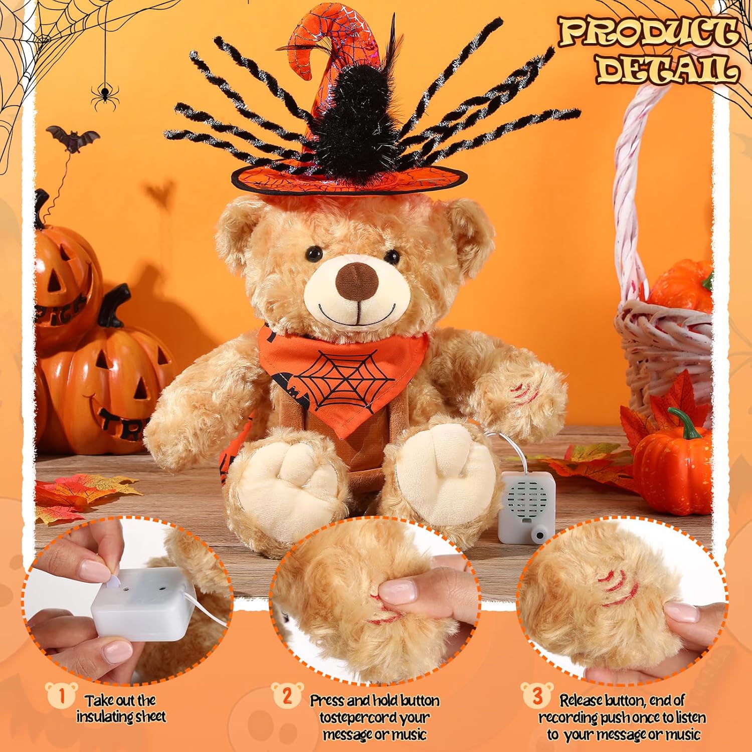 Juego de animales de peluche de oso de Halloween con grabadora de voz, lindo oso de Halloween de 12 pulgadas con sombrero de grabadora de voz y