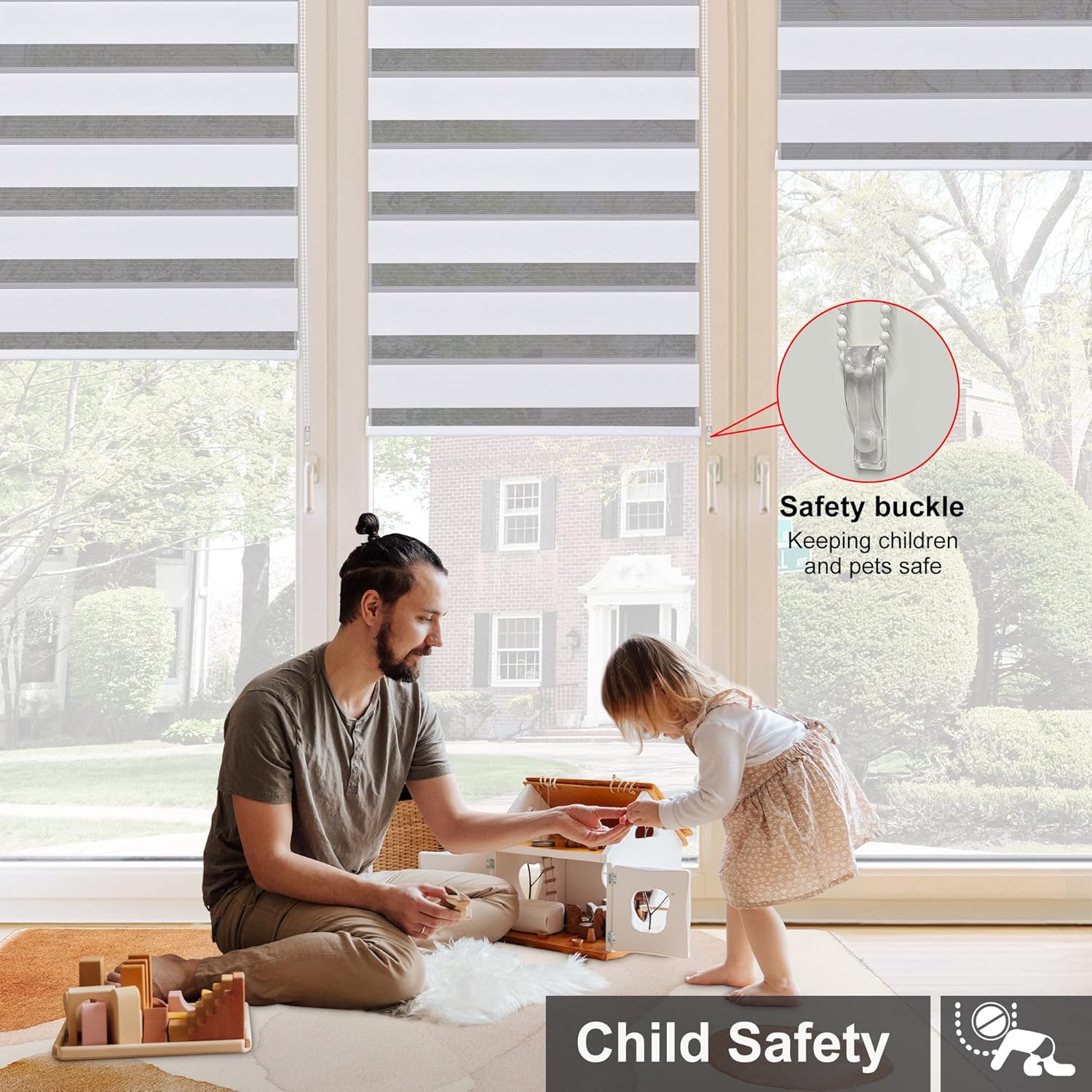 Boolegon Persianas de cebra con cable para ventanas, persianas de doble capa para día y noche, control de luz transparente o de privacidad,