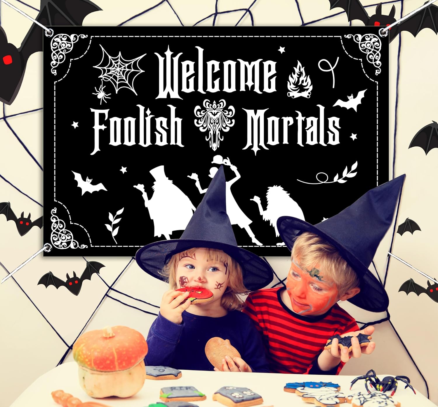 Telón de fondo de decoración de Manssion encantada, pancarta de bienvenida para fiesta de Halloween, suministros de fiesta de casa embrujada,