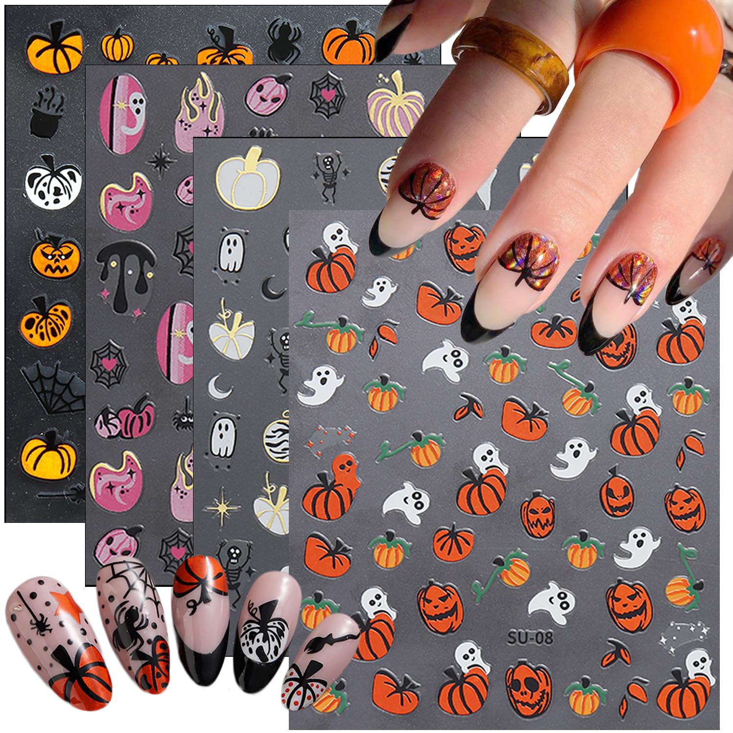 Calcomanías de uñas de Halloween, autoadhesivas 3D, diseño de calabaza rosa, diseño de araña, calavera fantasma, telaraña, gótico, Halloween, uñas
