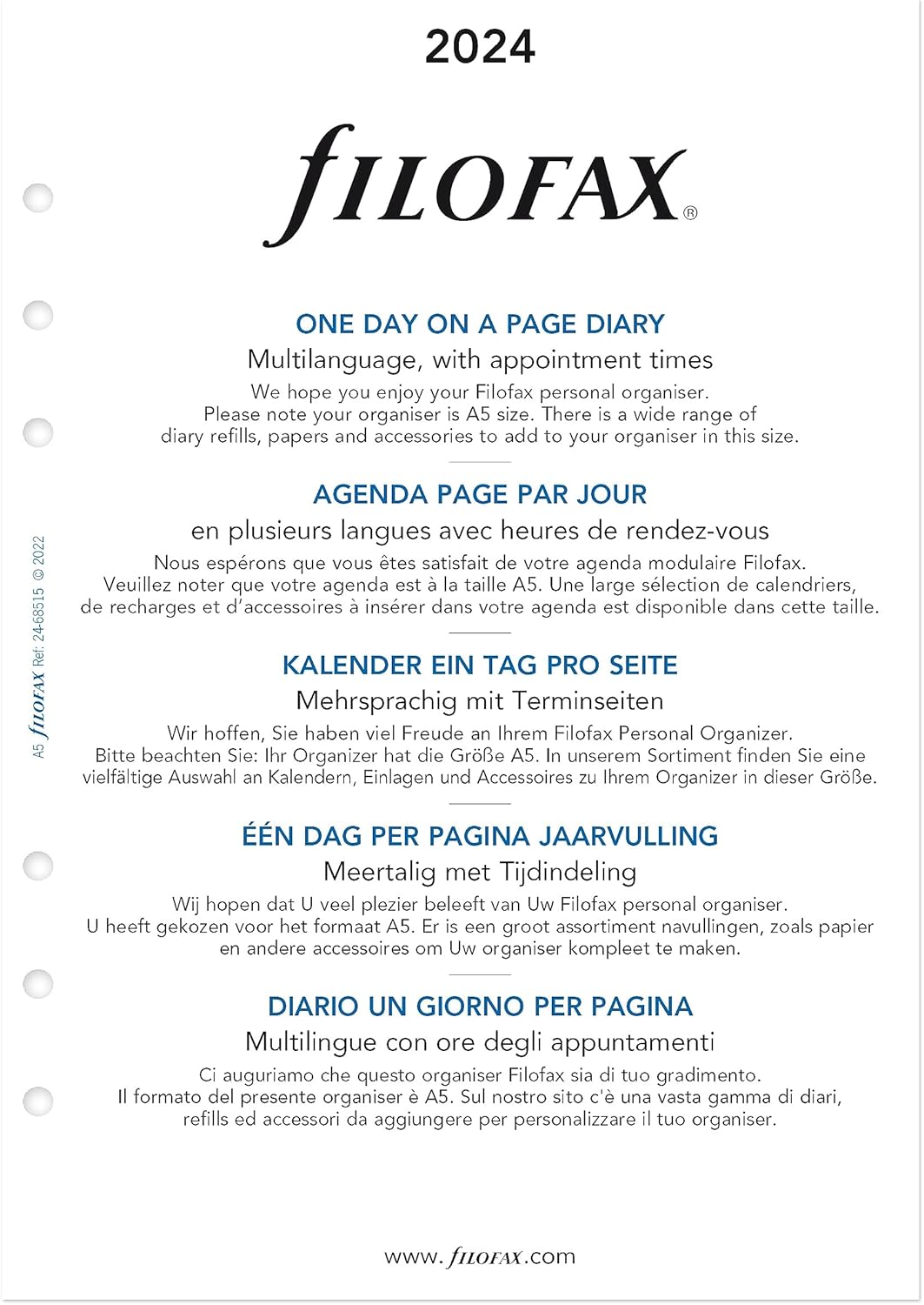 Filofax Calendario de recambio de diario, tamaño A5, día en una página con citas, libro blanco, multilingüe cinco idiomas, 2024 (C68515-24)