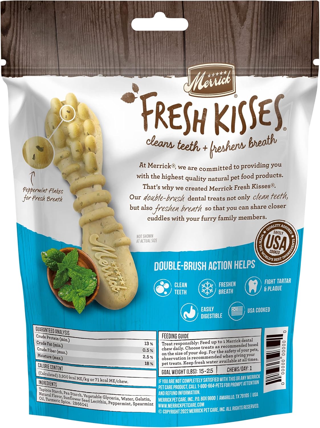 Merrick Fresh Kisses – Masticables dentales para perros para razas pequeñas, golosinas para perros sin granos con infusión de menta real, (6) bolsas