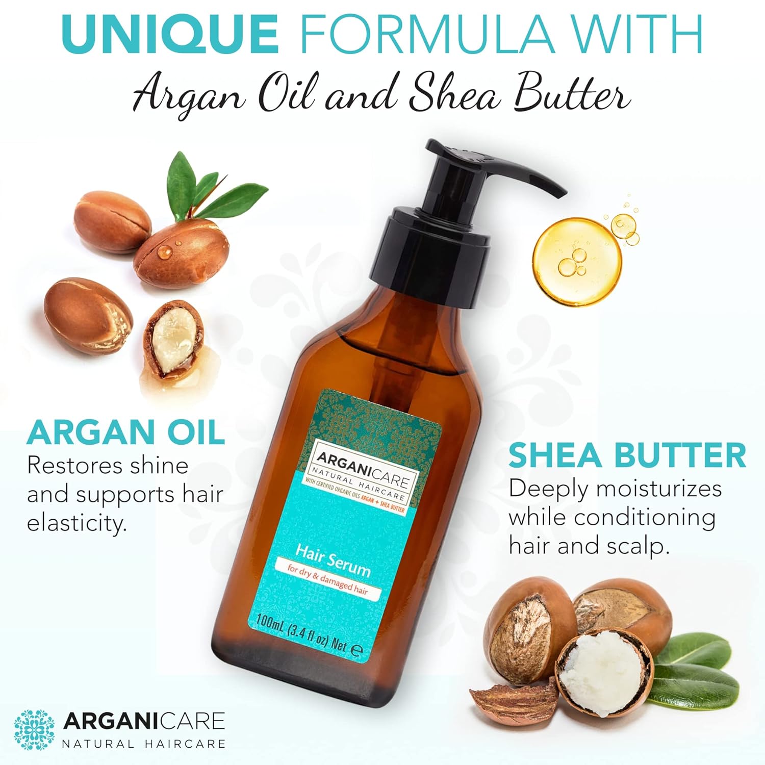 Arganicare Aceite de argán natural para cabello seco y dañado, suero vegano para el crecimiento del cabello con aceite de jojoba diseñado para la