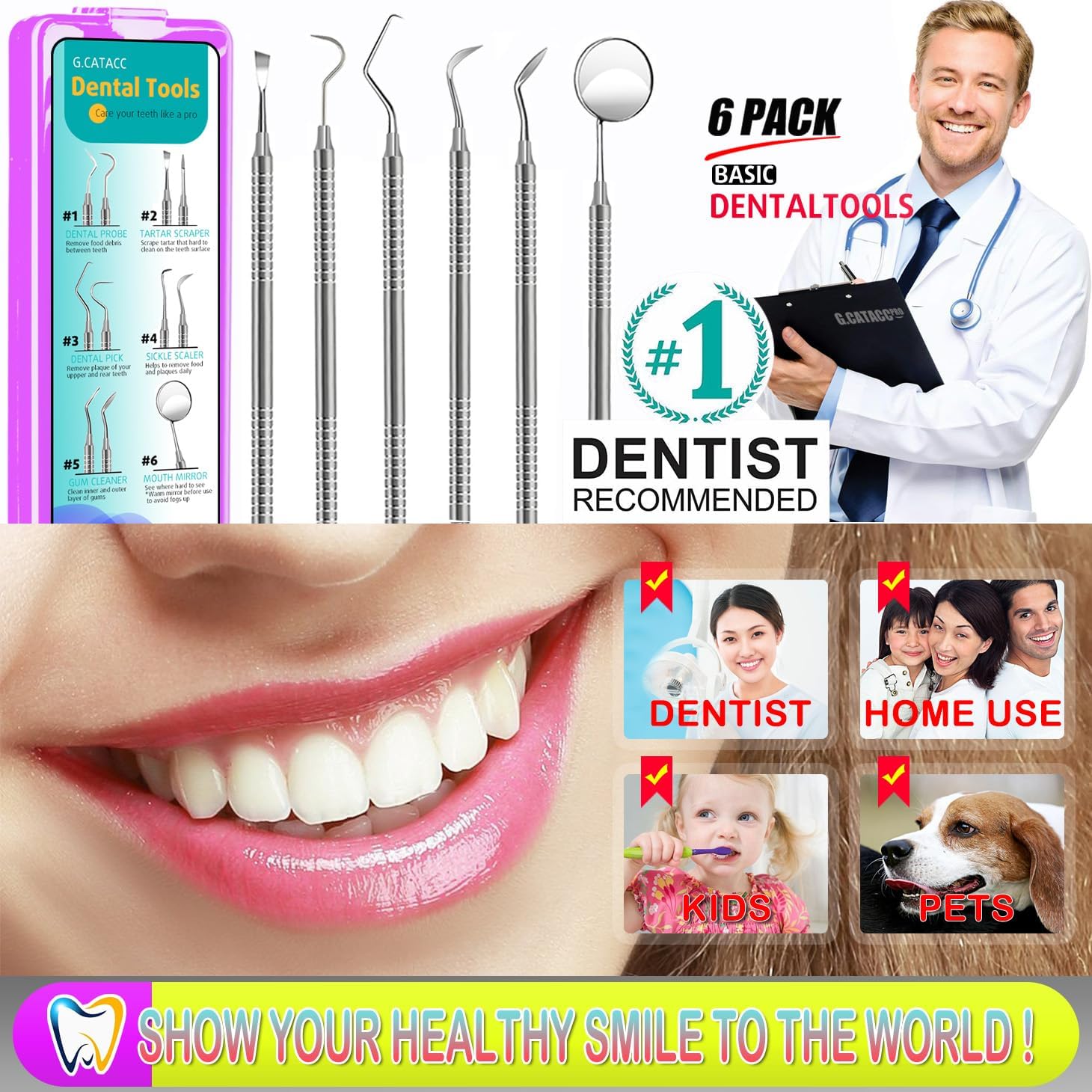 CATACC PRO Herramientas dentales, púa dental, kit de higiene dental, kit de herramientas de limpieza dental de acero inoxidable con raspador de