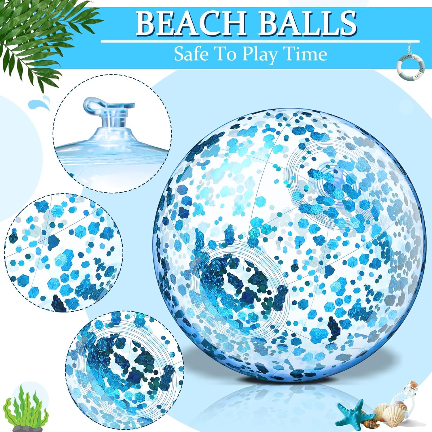 Threan 100 Pack Mini Glitter Beach Ball Bulk 5 Inch Inflatable Sequin Beach Balls Clear Pool Toys Beach Party Decorations with Confetti for Boys
