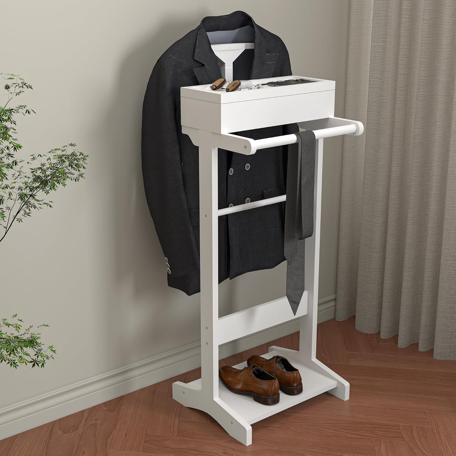 Brefhome – Soporte de valet para hombre, soporte de ropa con bandeja superior, compartimento de almacenamiento abatible, utilizado en entrada,