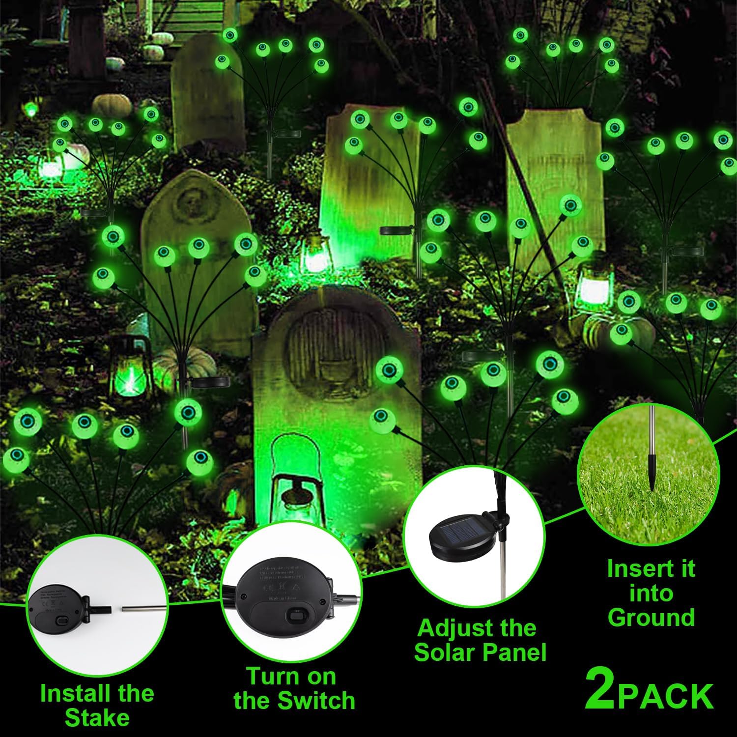 Luces solares de globo ocular para decoración de Halloween, paquete de 2 luces LED de luciérnaga con estacas, luces solares impermeables y